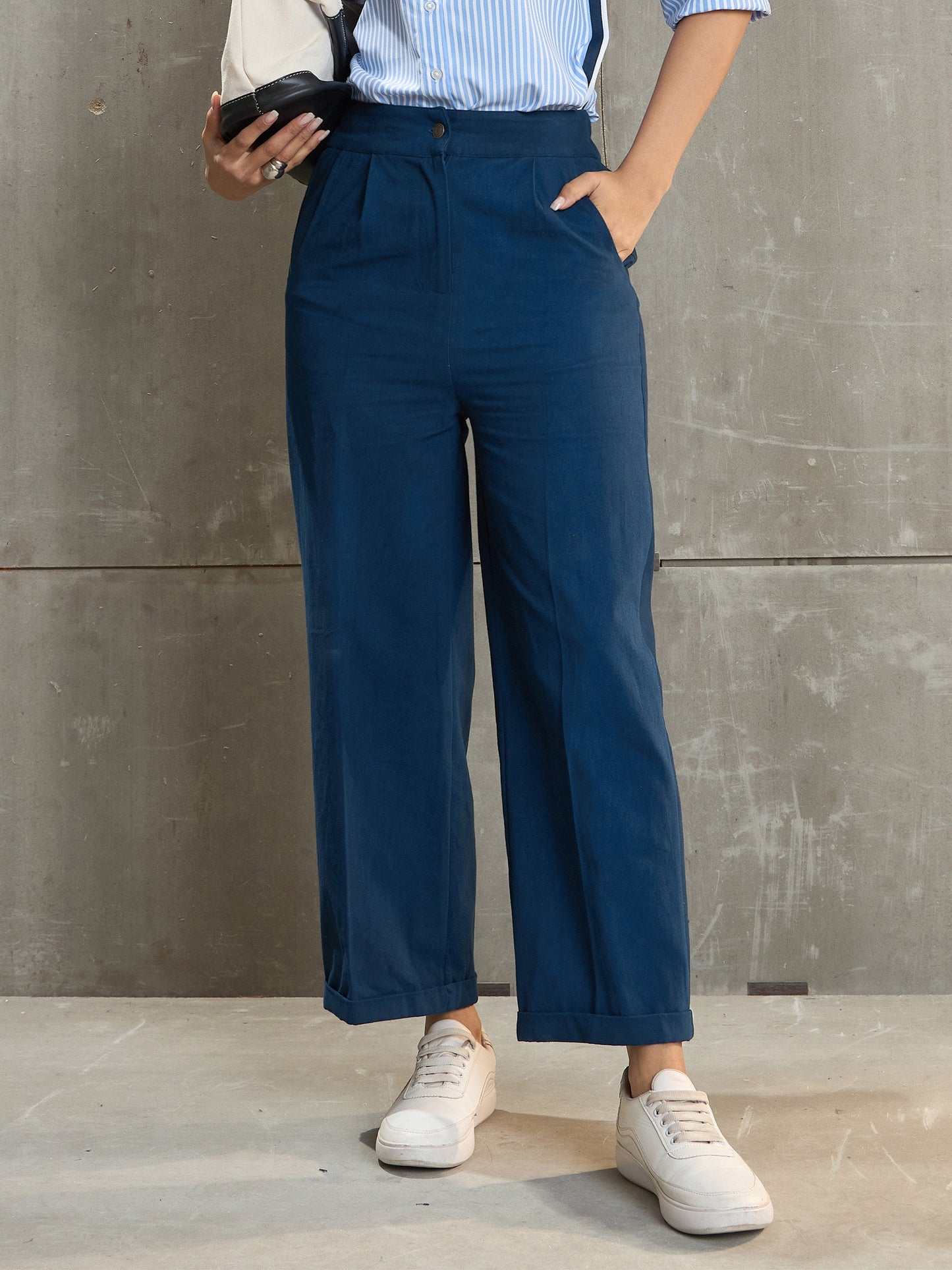 Women Navy Blue Twill Wide Leg Pants