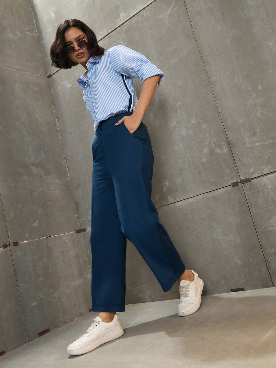 Women Navy Twill Wide Leg Pants