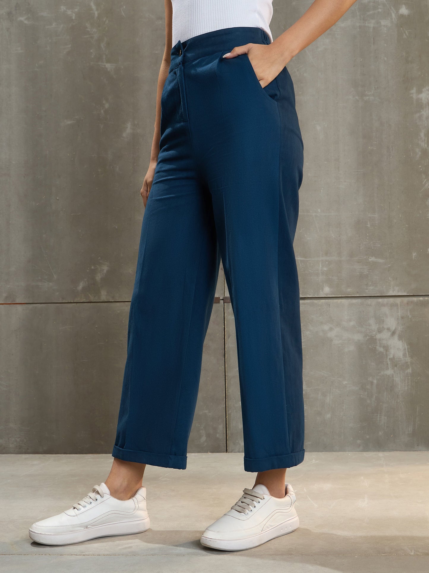 Women Navy Blue Twill Wide Leg Pants