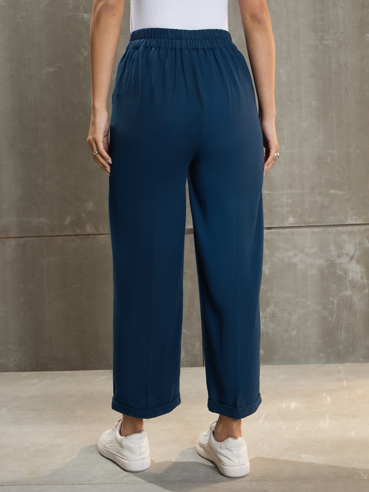 Women Navy Blue Twill Wide Leg Pants
