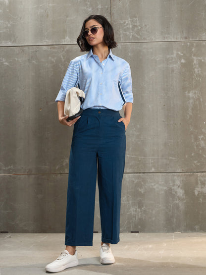 Women Navy Blue Twill Wide Leg Pants