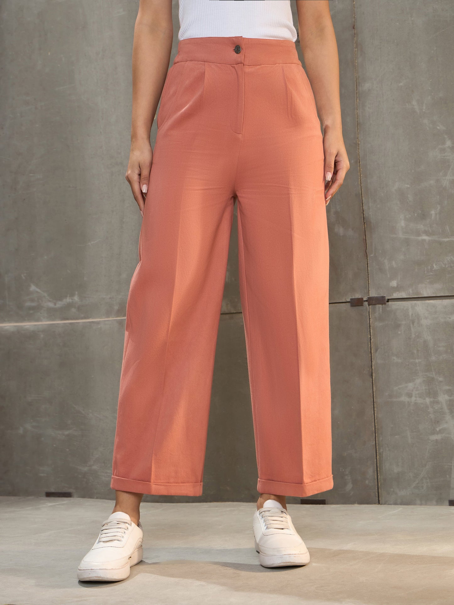 Women Peach Twill Wide Leg Pants