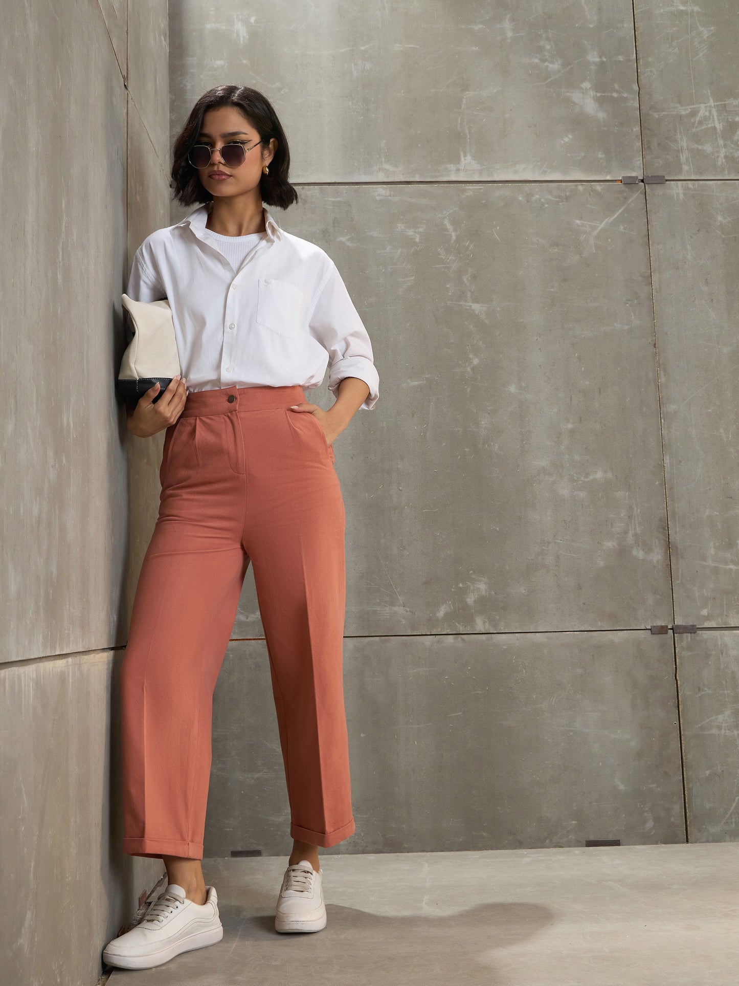 Women Peach Twill Wide Leg Pants