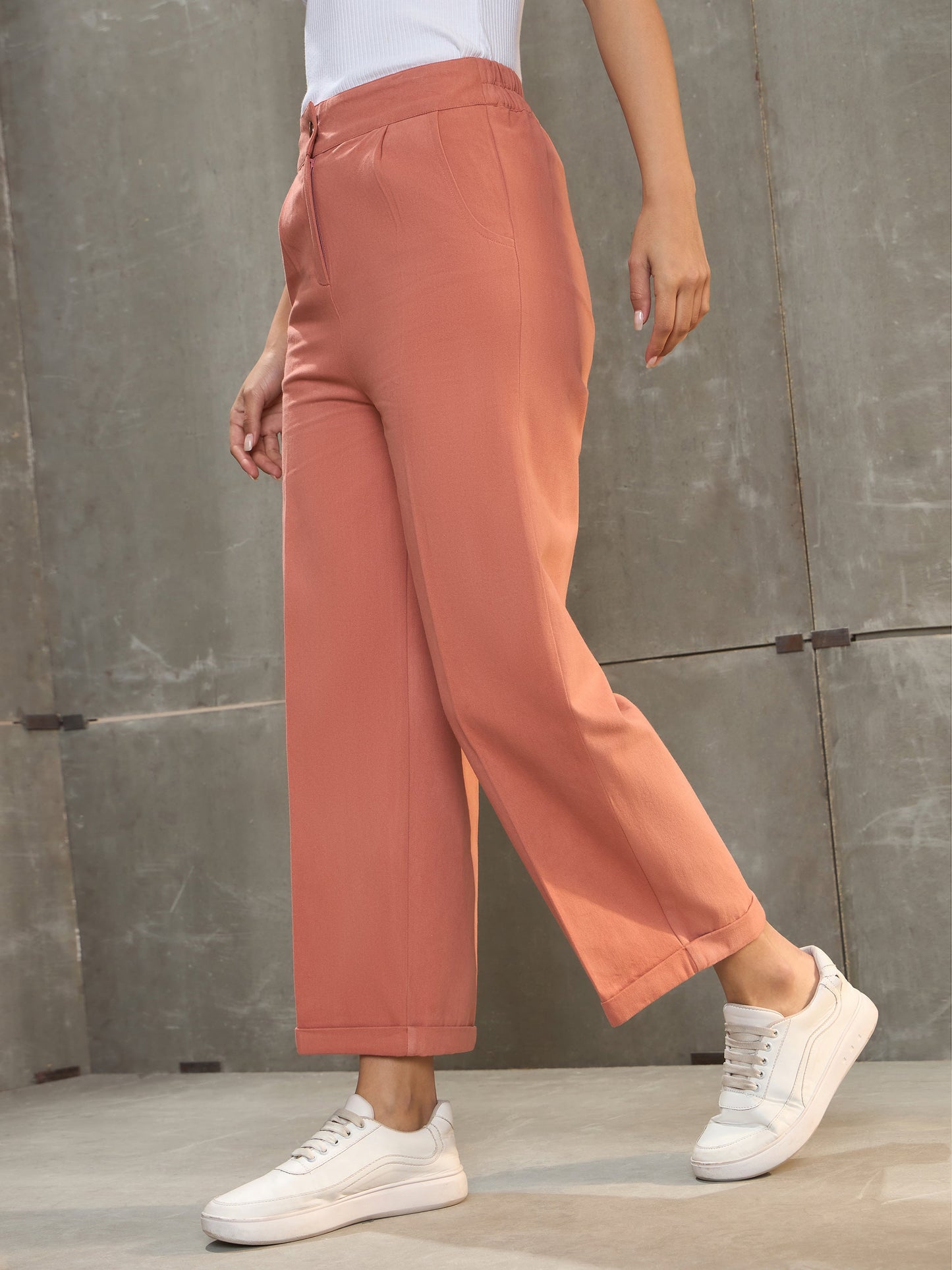Women Peach Twill Wide Leg Pants