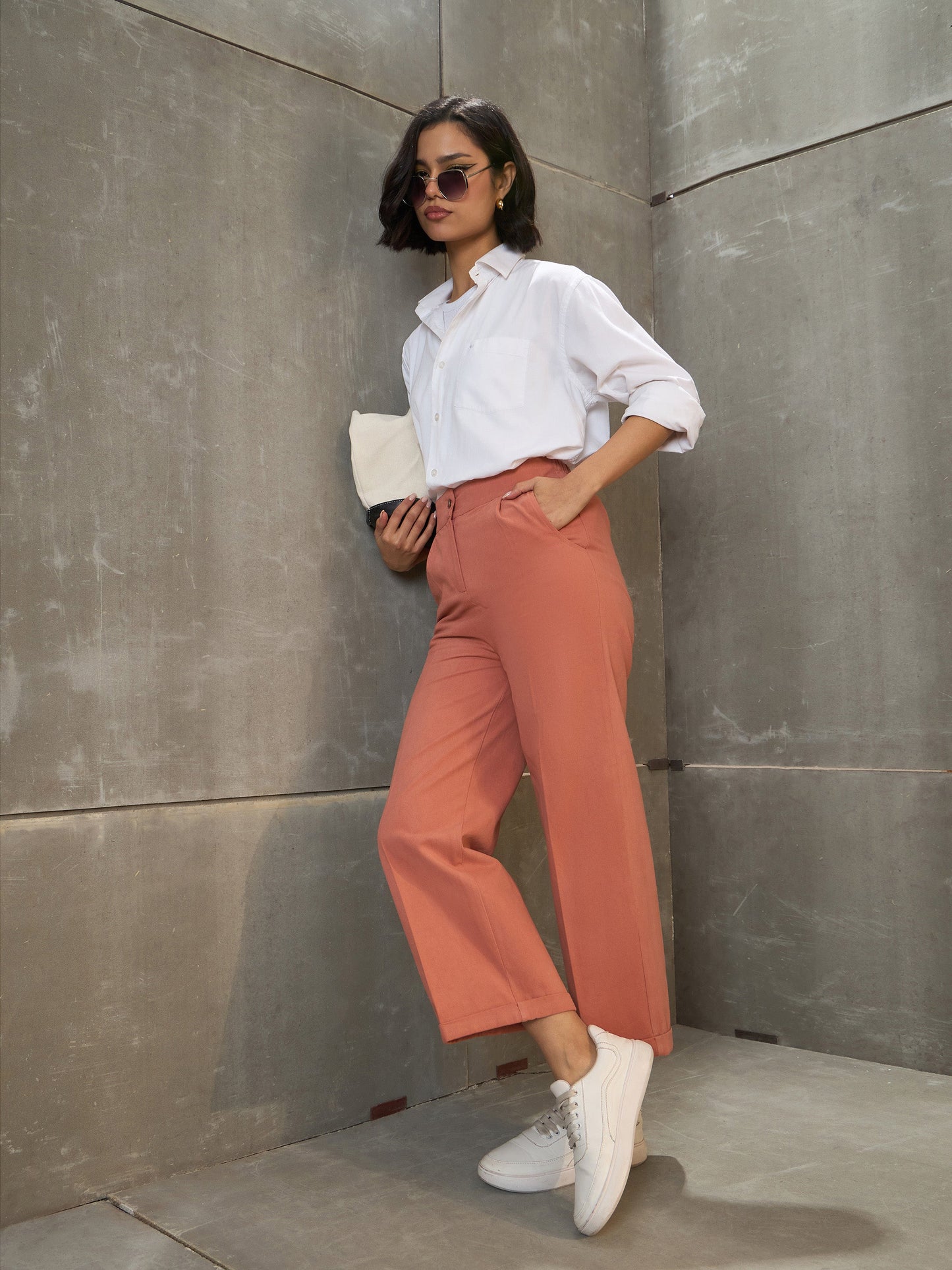 Women Peach Twill Wide Leg Pants