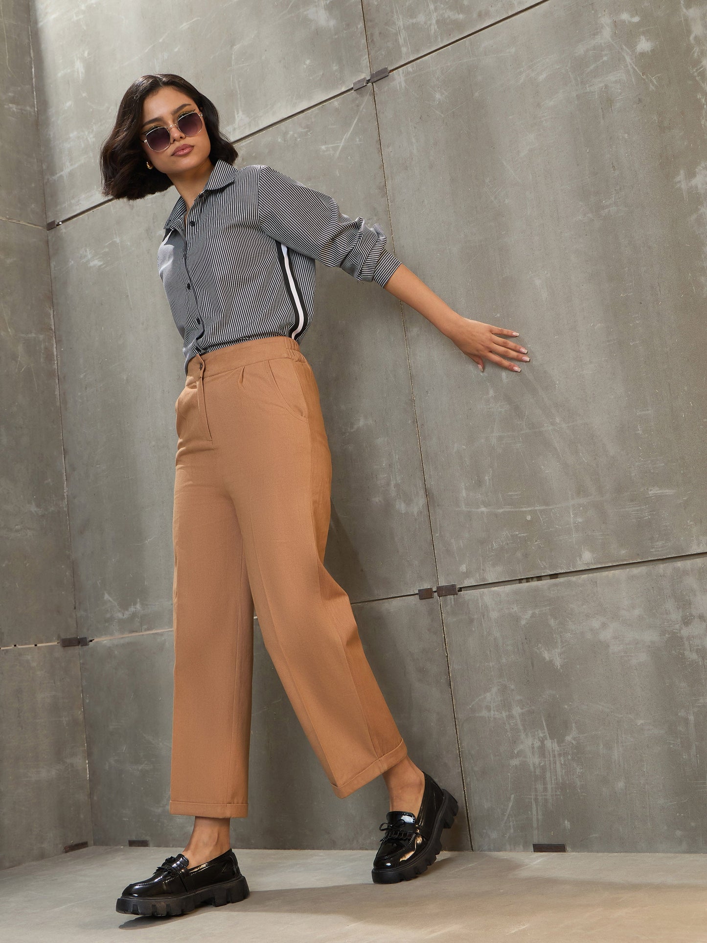 Women Beige Twill Wide Leg Pants