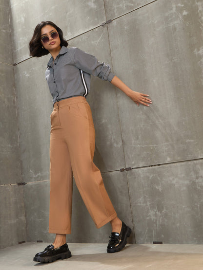 Women Beige Twill Wide Leg Pants