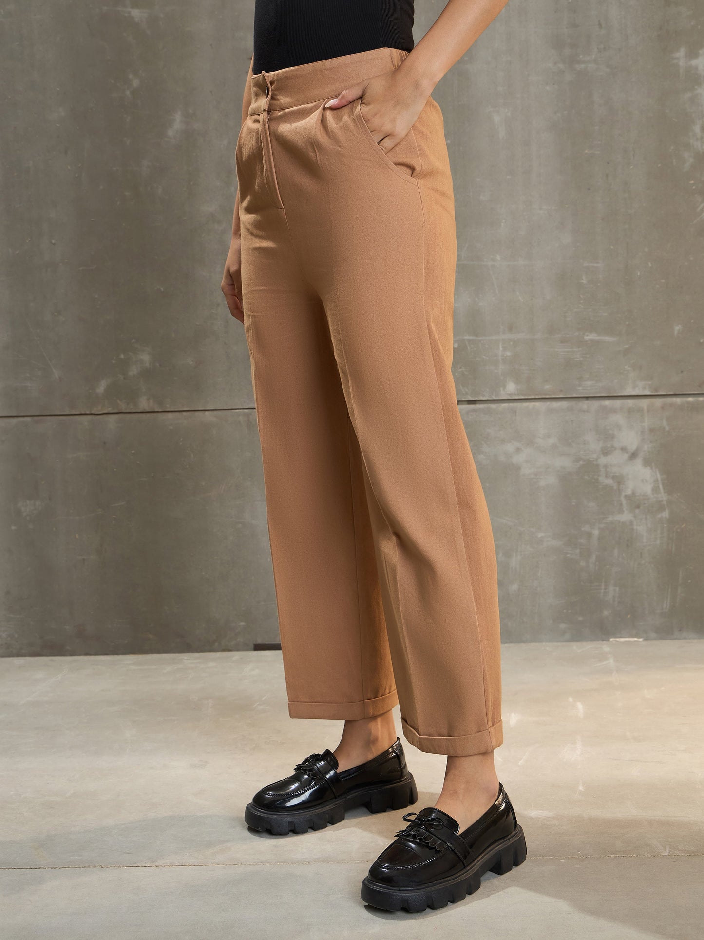 Women Beige Twill Wide Leg Pants