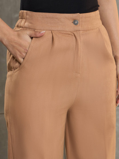 Women Beige Twill Wide Leg Pants