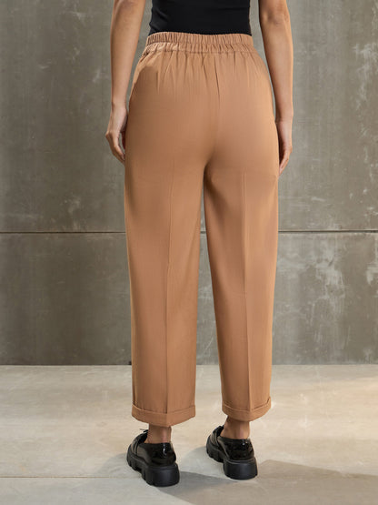 Women Beige Twill Wide Leg Pants