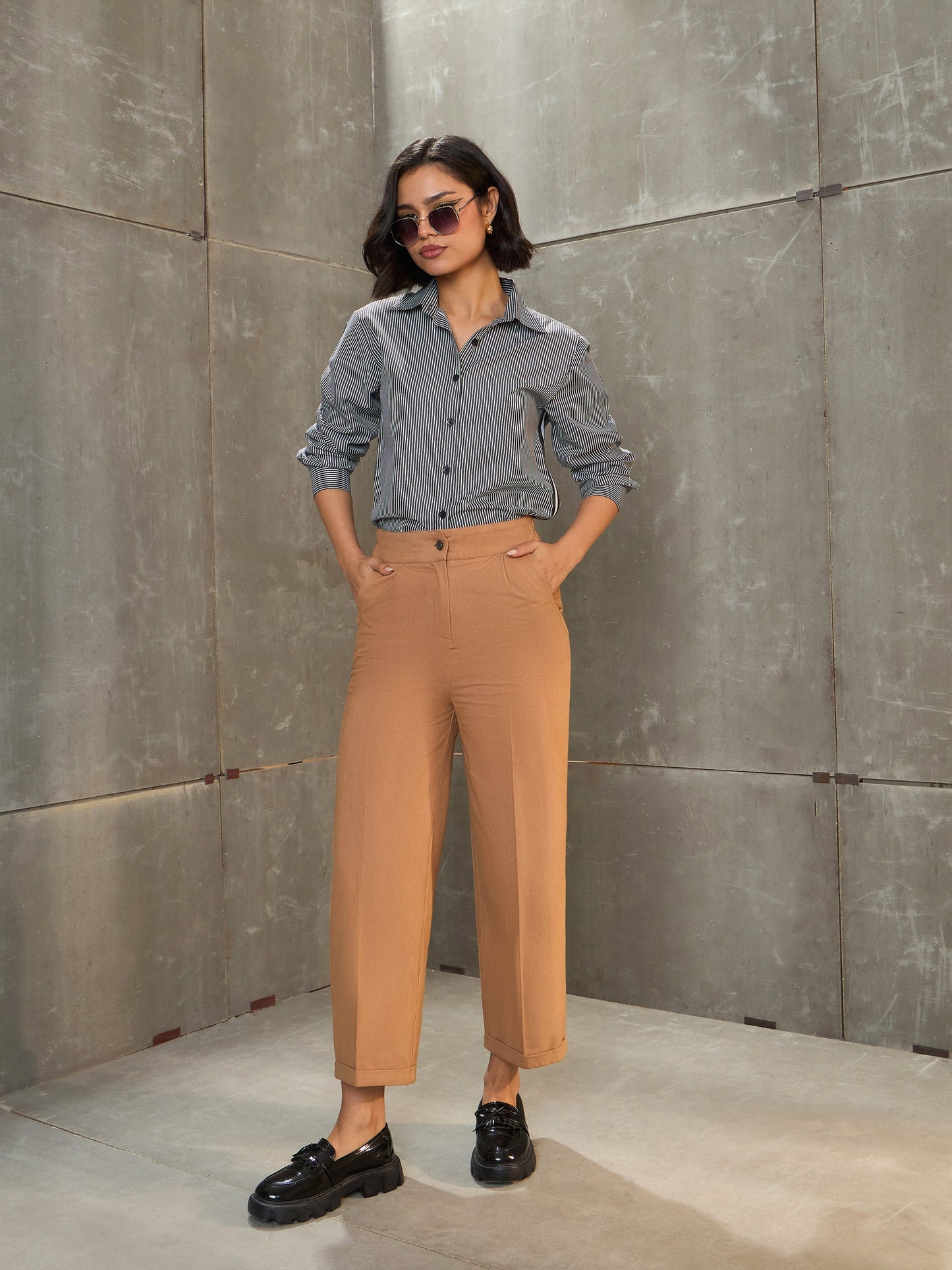 Women Beige Twill Wide Leg Pants