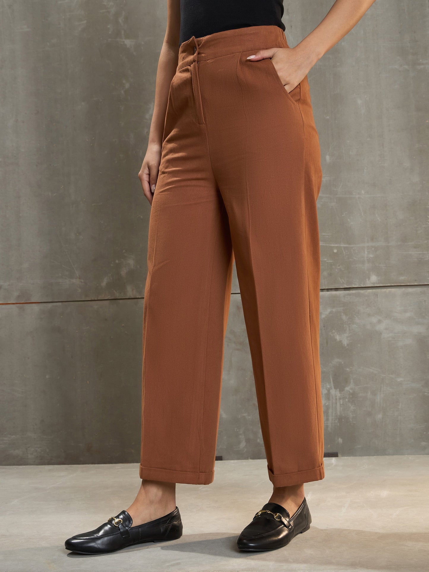 Women Brown Twill Wide Leg Pants