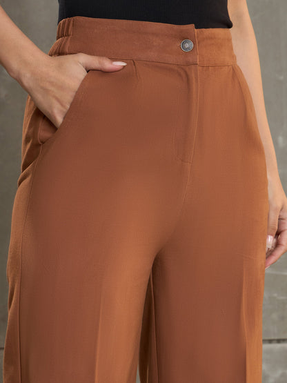 Women Brown Twill Wide Leg Pants
