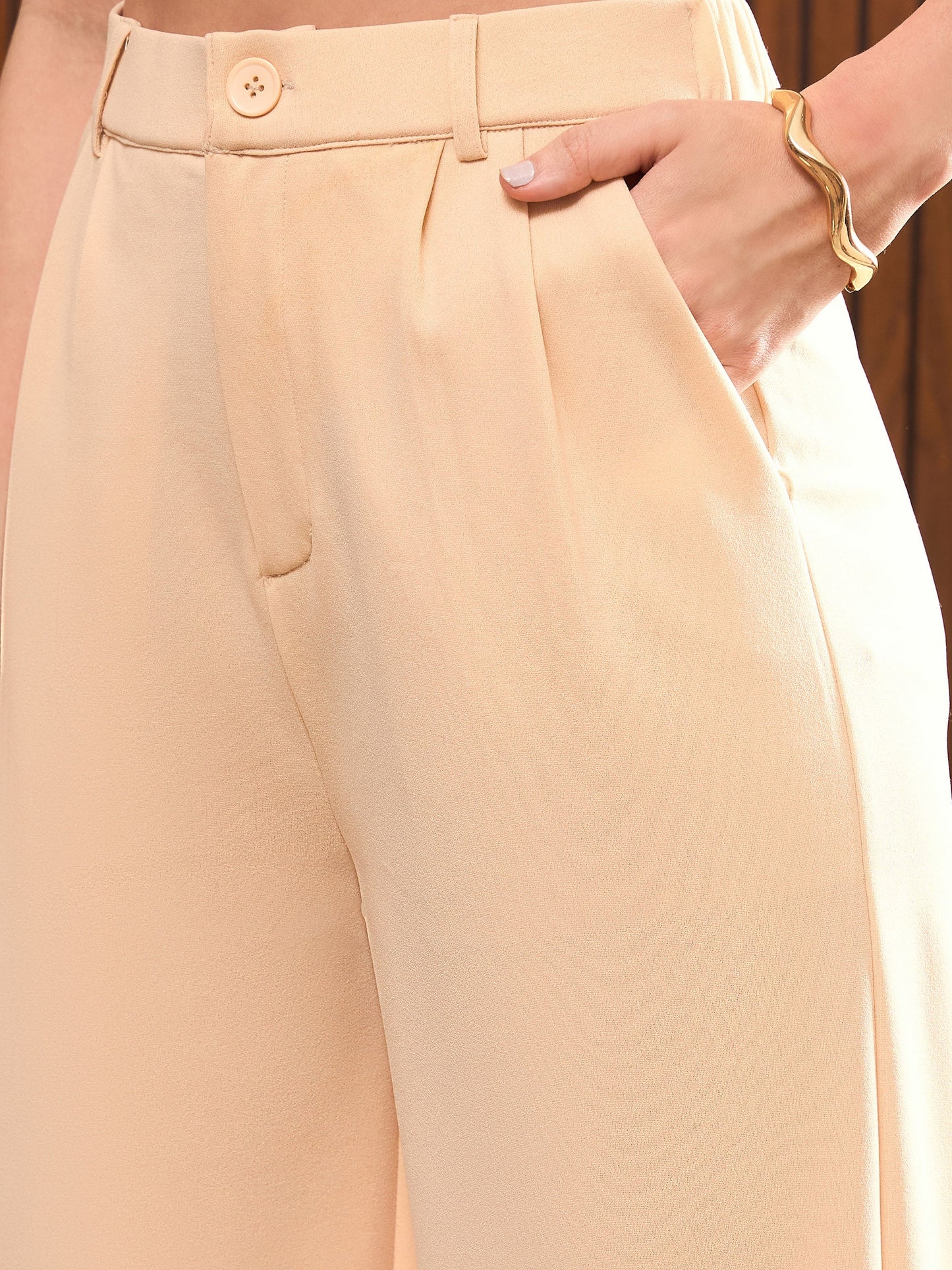 Women Beige Pleated Flared Pants