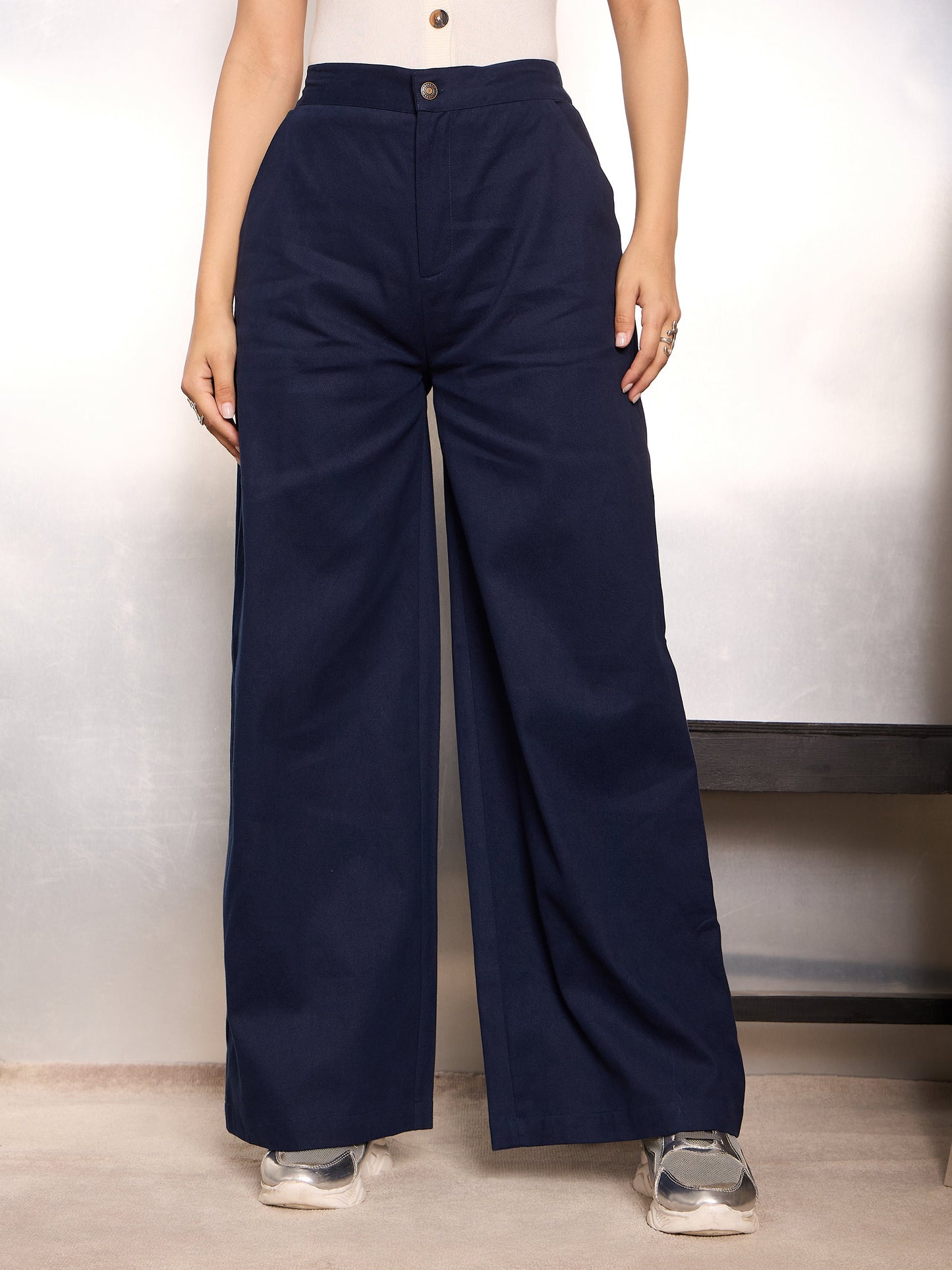 Navy Blue Twill Wide Leg Pants