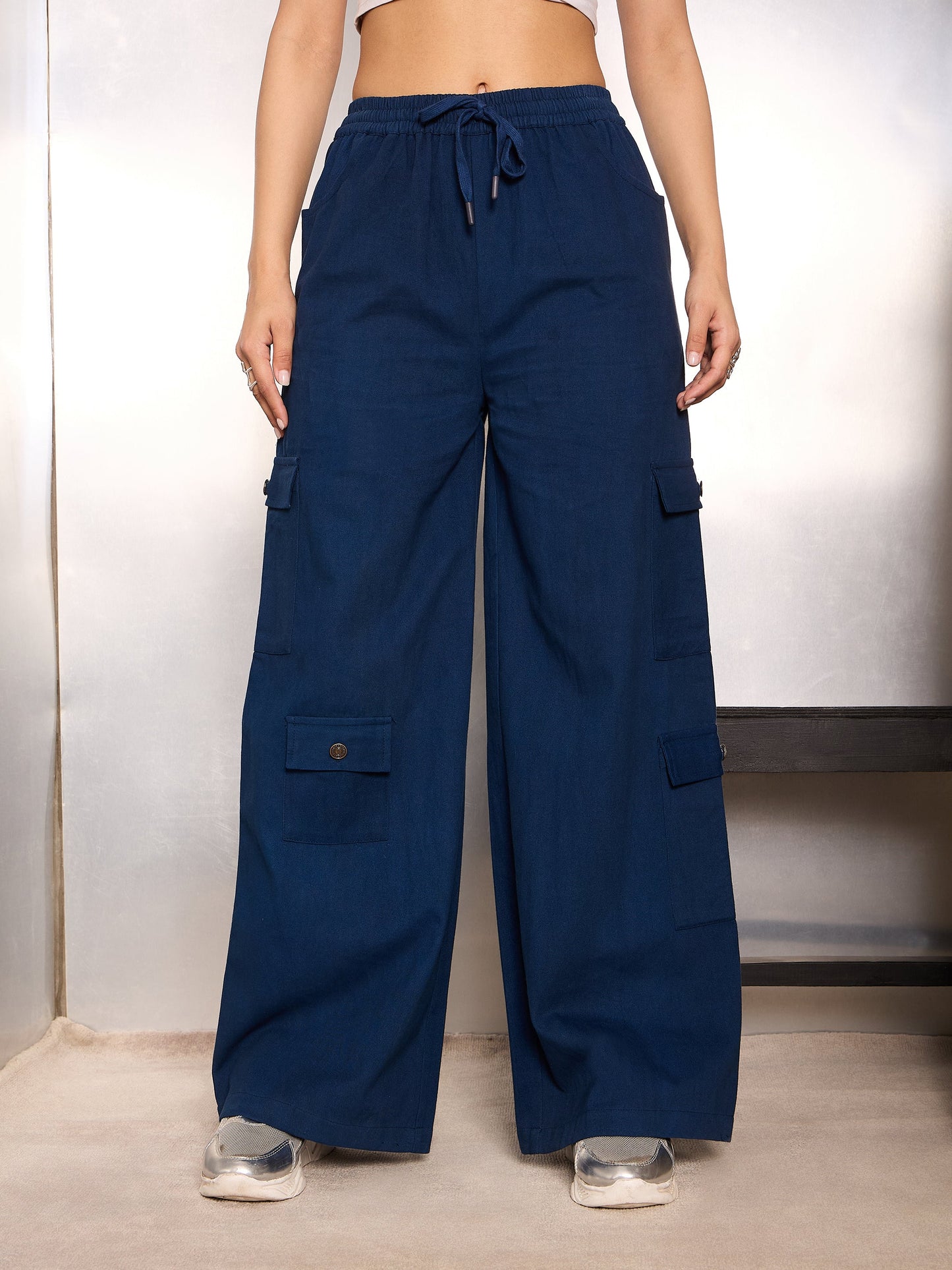 Navy Blue Twill Drawstring Cargo Pants