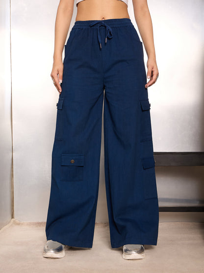 Navy Blue Twill Drawstring Cargo Pants