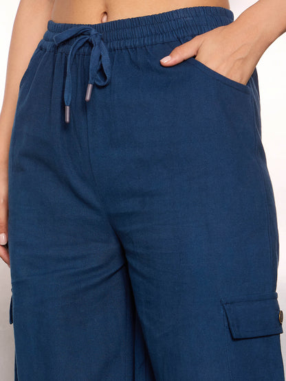 Navy Blue Twill Drawstring Cargo Pants