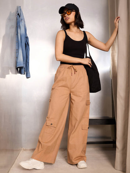 Light Brown Twill Drawstring Cargo Pants