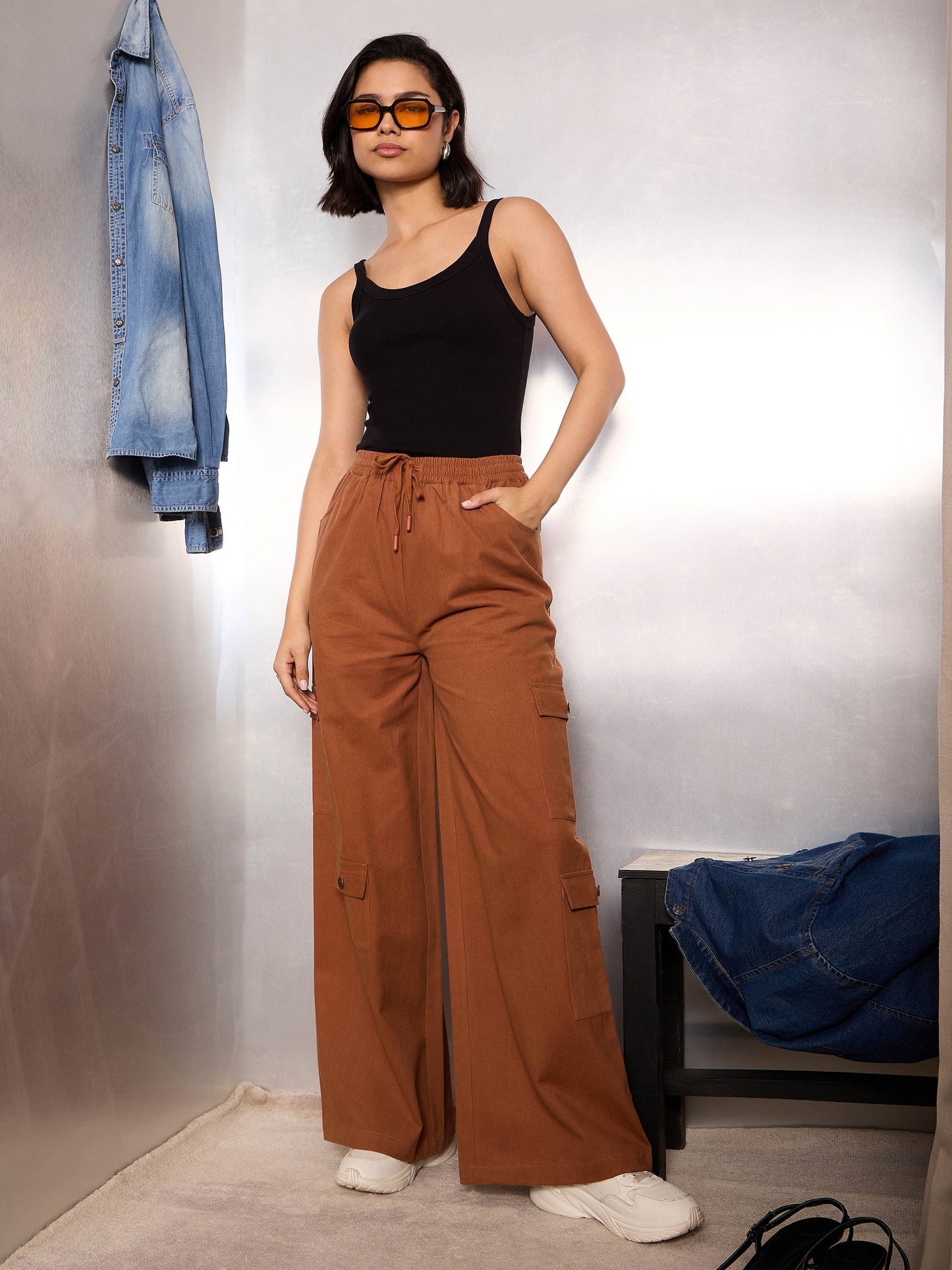 Dark Brown Twill Drawstring Cargo Pants