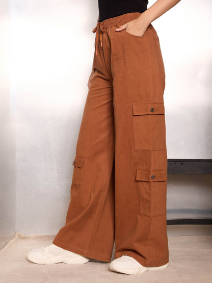 Dark Brown Twill Drawstring Cargo Pants