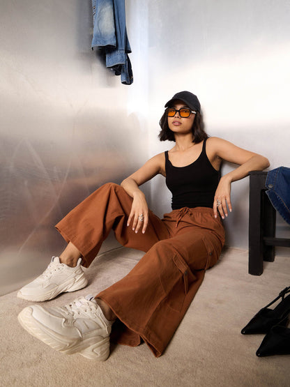 Dark Brown Twill Drawstring Cargo Pants
