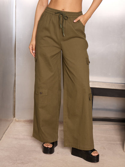 Olive Twill Drawstring Cargo Pants