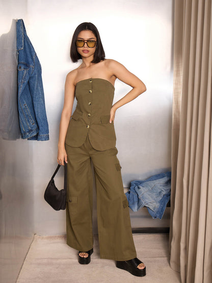 Olive Twill Drawstring Cargo Pants