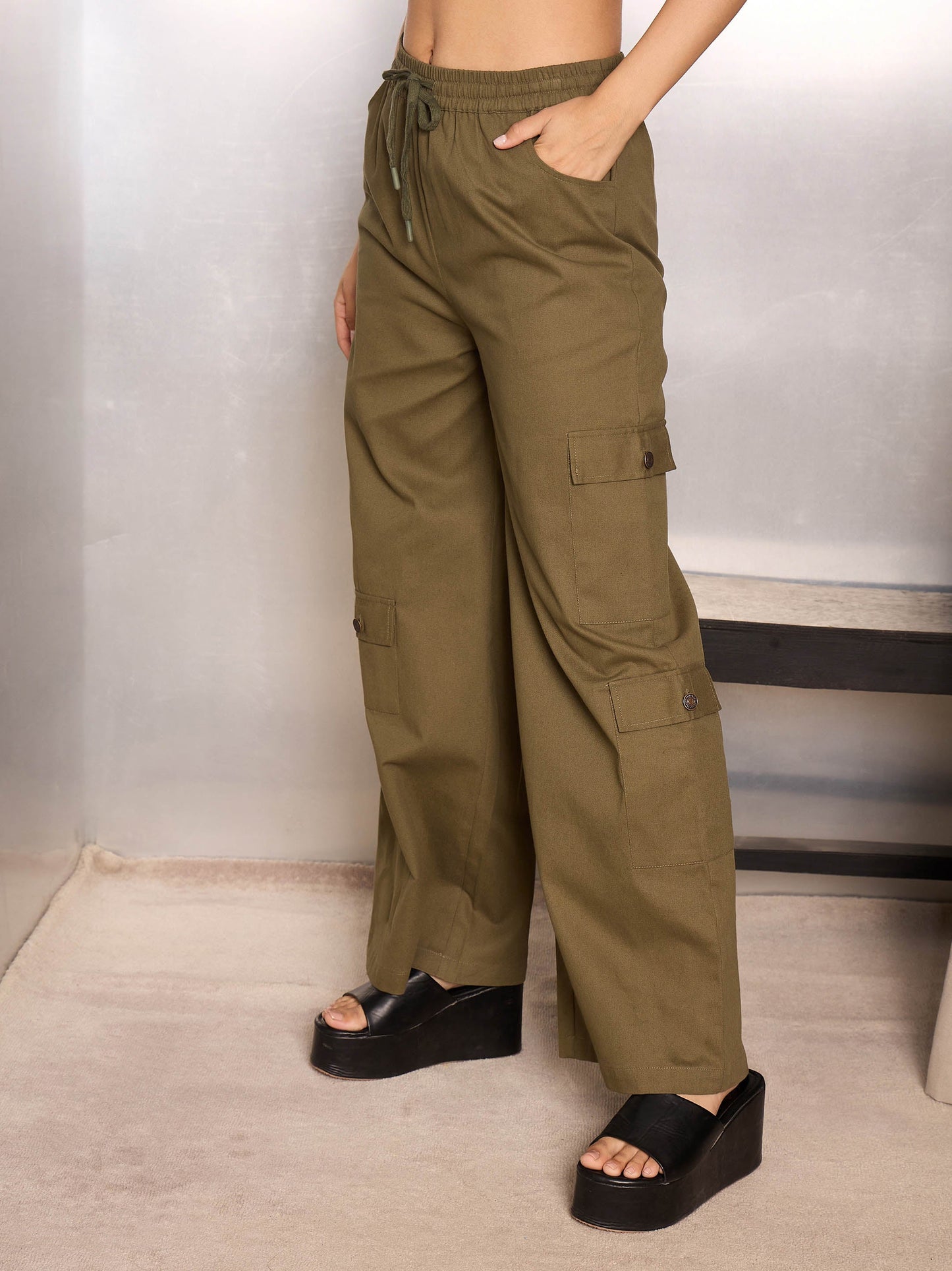 Olive Twill Drawstring Cargo Pants