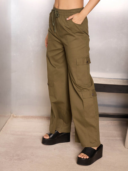 Olive Twill Drawstring Cargo Pants