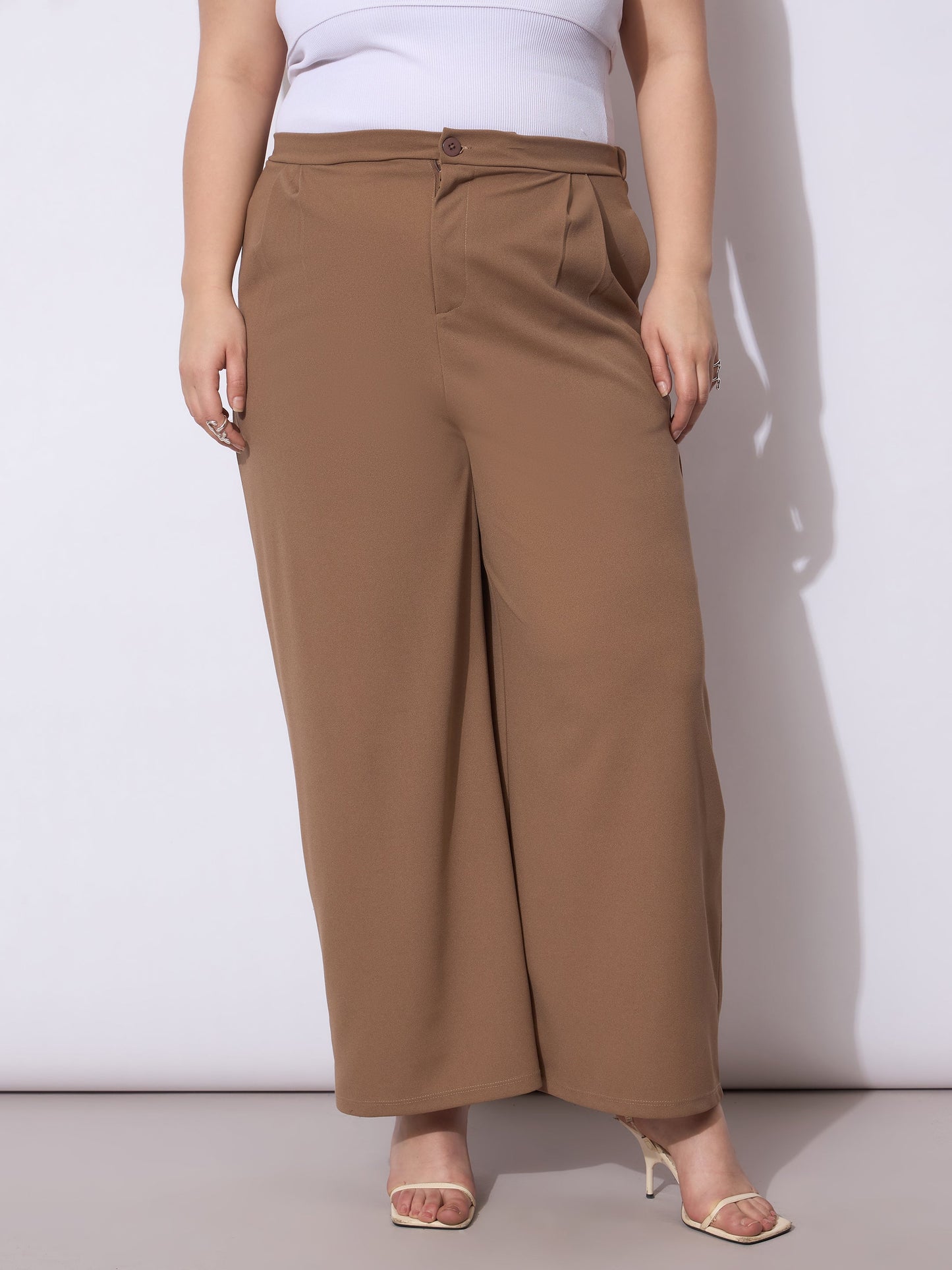 Beige Front Pleated Straight Pants