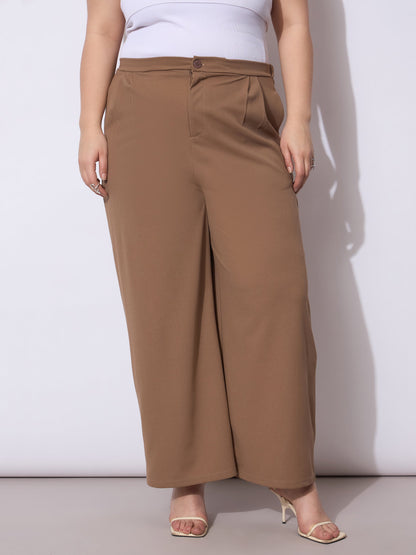 Beige Front Pleated Straight Pants