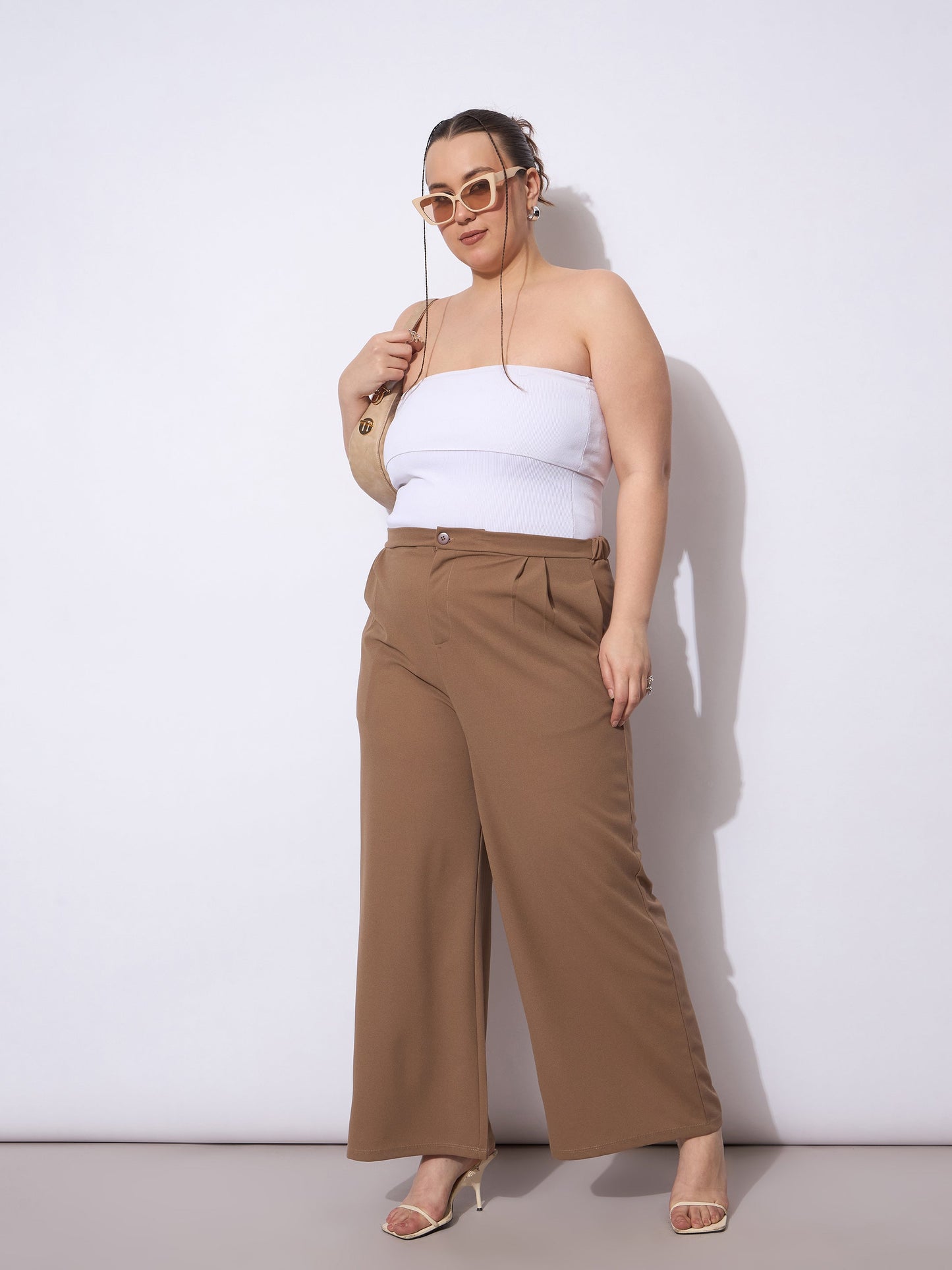 Beige Front Pleated Straight Pants