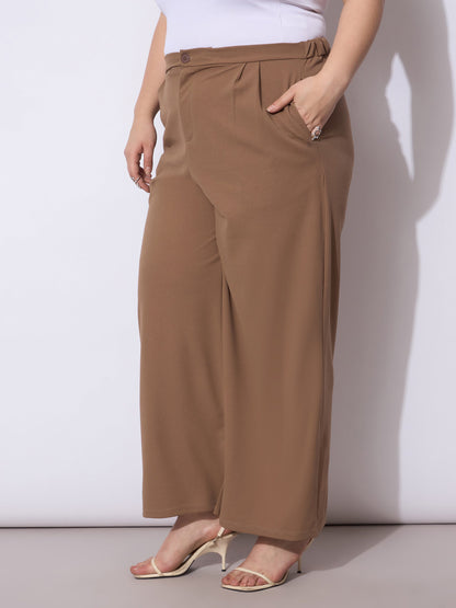 Beige Front Pleated Straight Pants