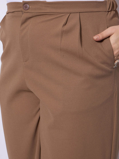 Beige Front Pleated Straight Pants