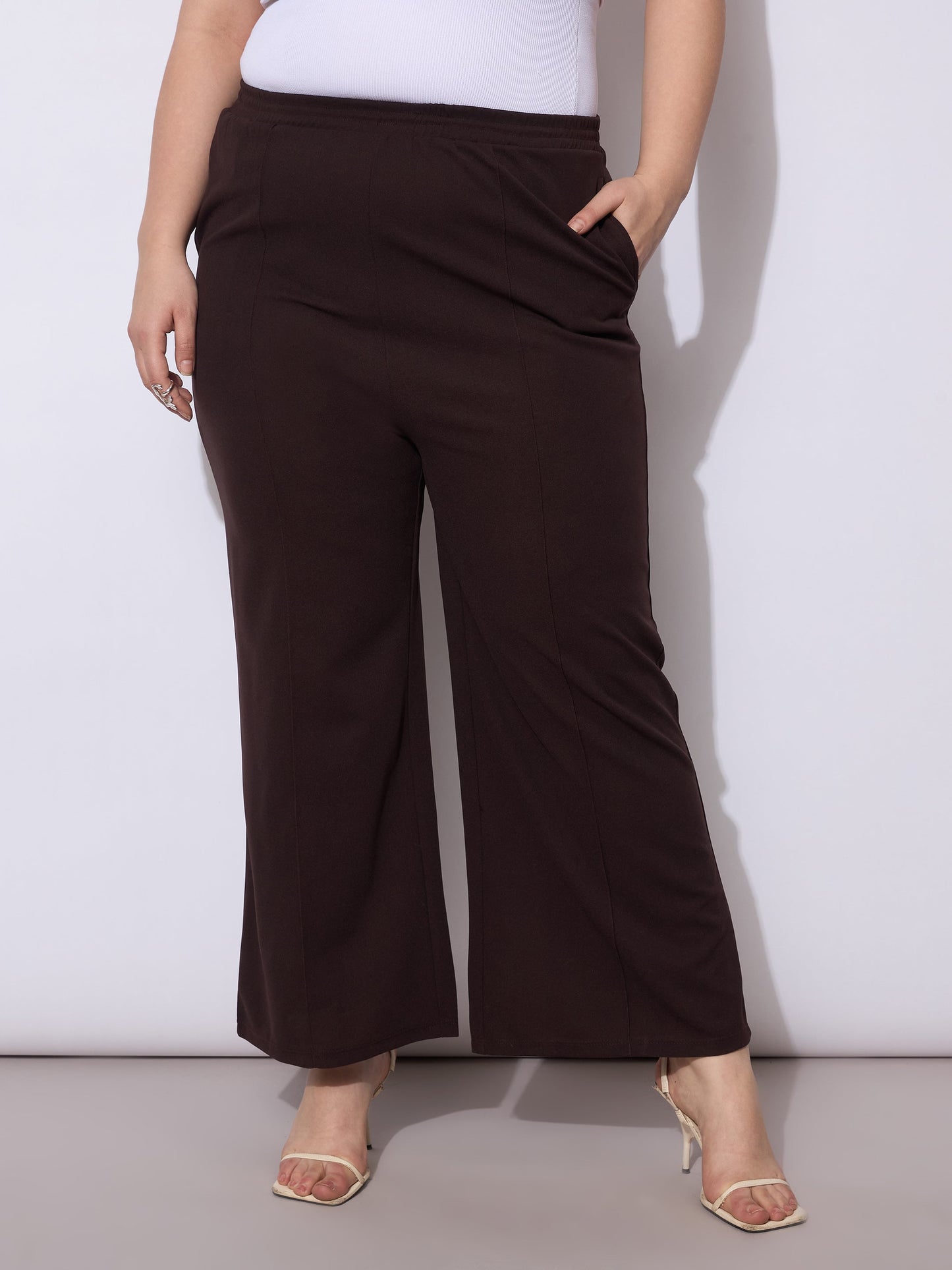 Dark Brown Front Seam Elasticated Straight Pants