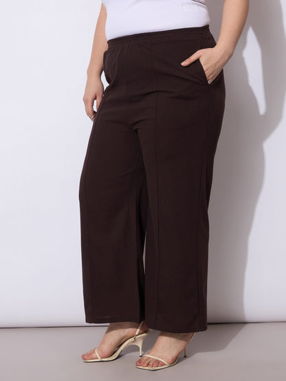 Dark Brown Front Seam Elasticated Straight Pants