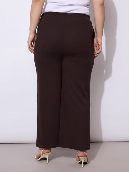 Dark Brown Front Seam Elasticated Straight Pants