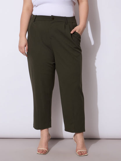 Plus size women's Olive Polyester Olive Front Pleated Mom Fit Pants by Sassafras Curve for wholesale buyers, boutiques, resellers and bulk orders