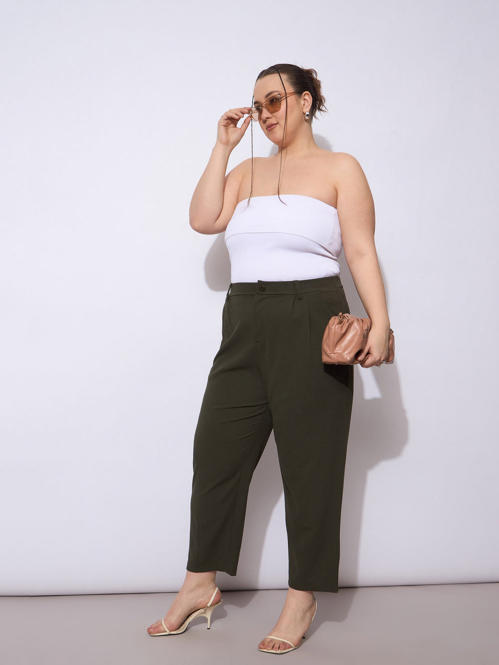 Olive Front Pleated Mom Fit Pants -SASSAFRAS Curve
