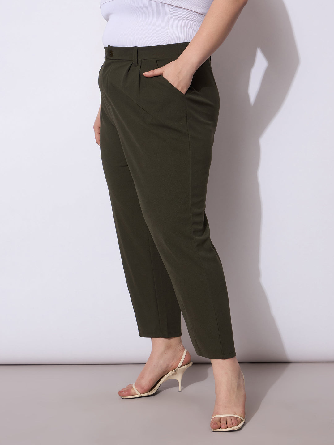 Olive Front Pleated Mom Fit Pants -SASSAFRAS Curve