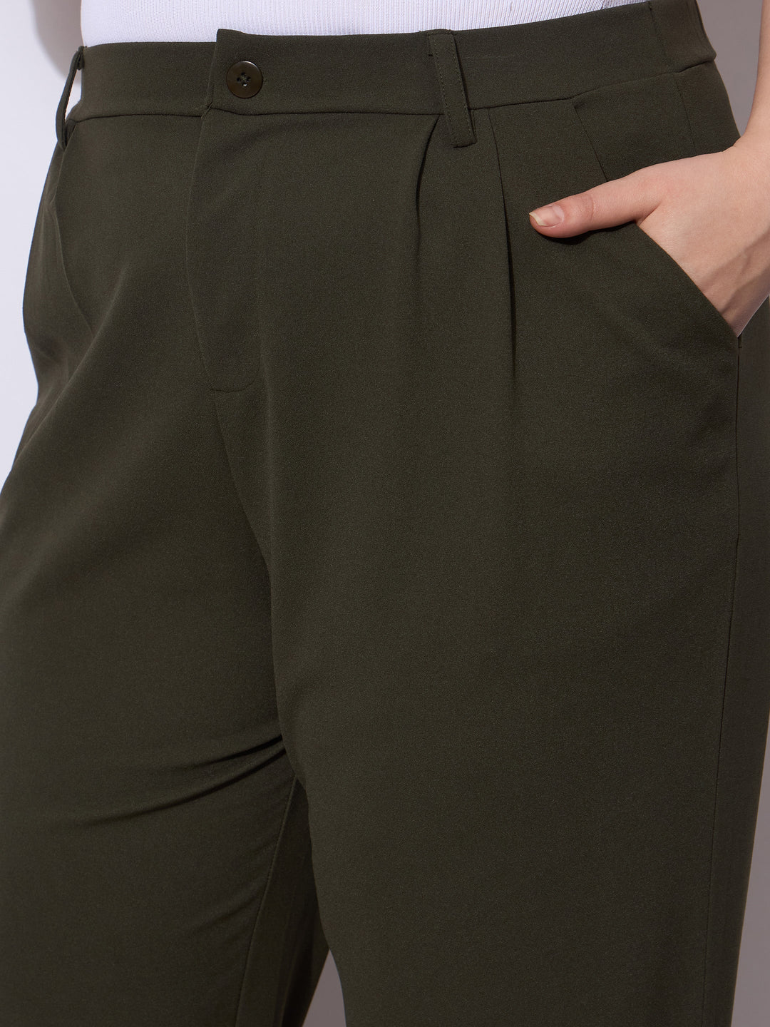 Olive Front Pleated Mom Fit Pants -SASSAFRAS Curve