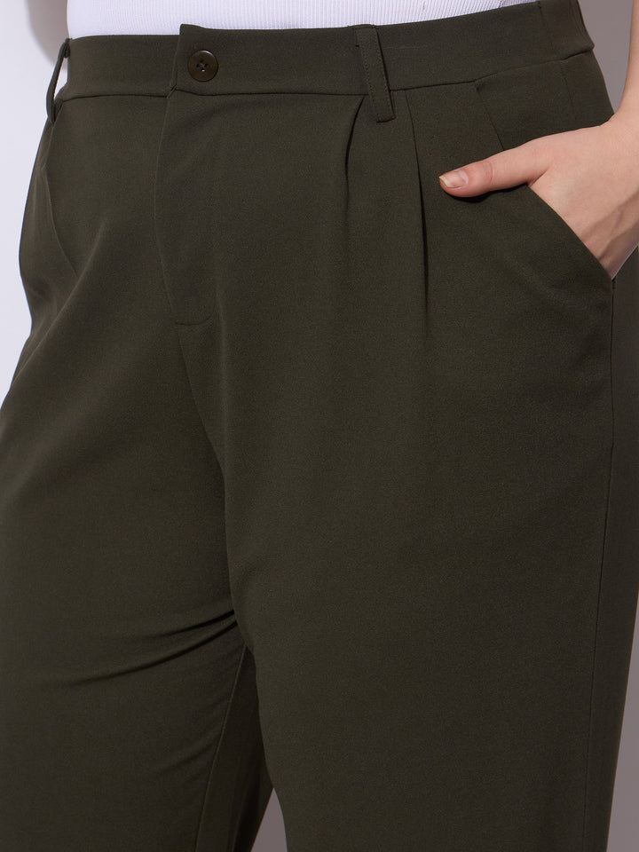 Olive Front Pleated Mom Fit Pants -SASSAFRAS Curve