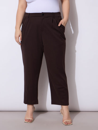 Plus size women's Brown Polyester Dark Brown Front Pleated Mom Fit Pants by Sassafras Curve for wholesale buyers, boutiques, resellers and bulk