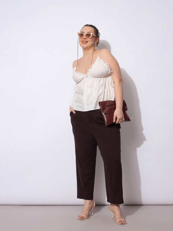Dark Brown Front Pleated Mom Fit Pants -SASSAFRAS Curve