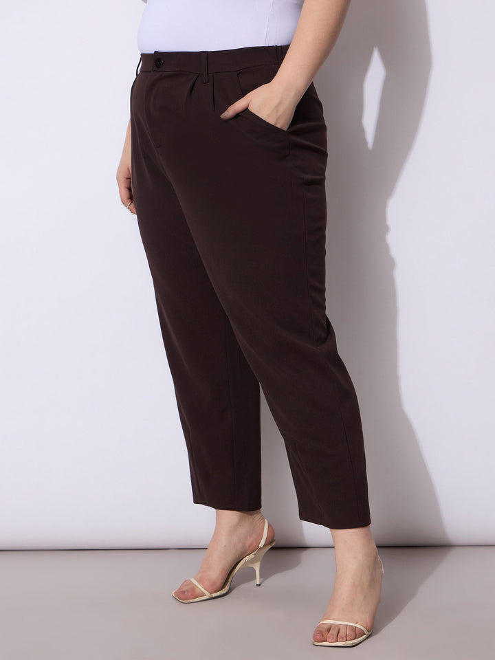 Dark Brown Front Pleated Mom Fit Pants -SASSAFRAS Curve