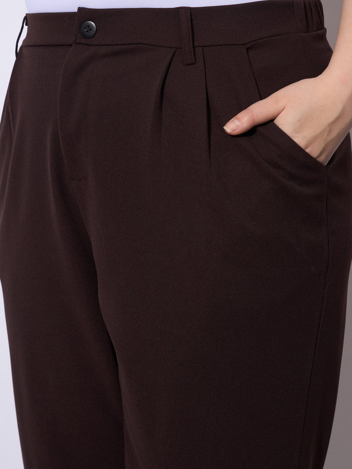 Dark Brown Front Pleated Mom Fit Pants -SASSAFRAS Curve