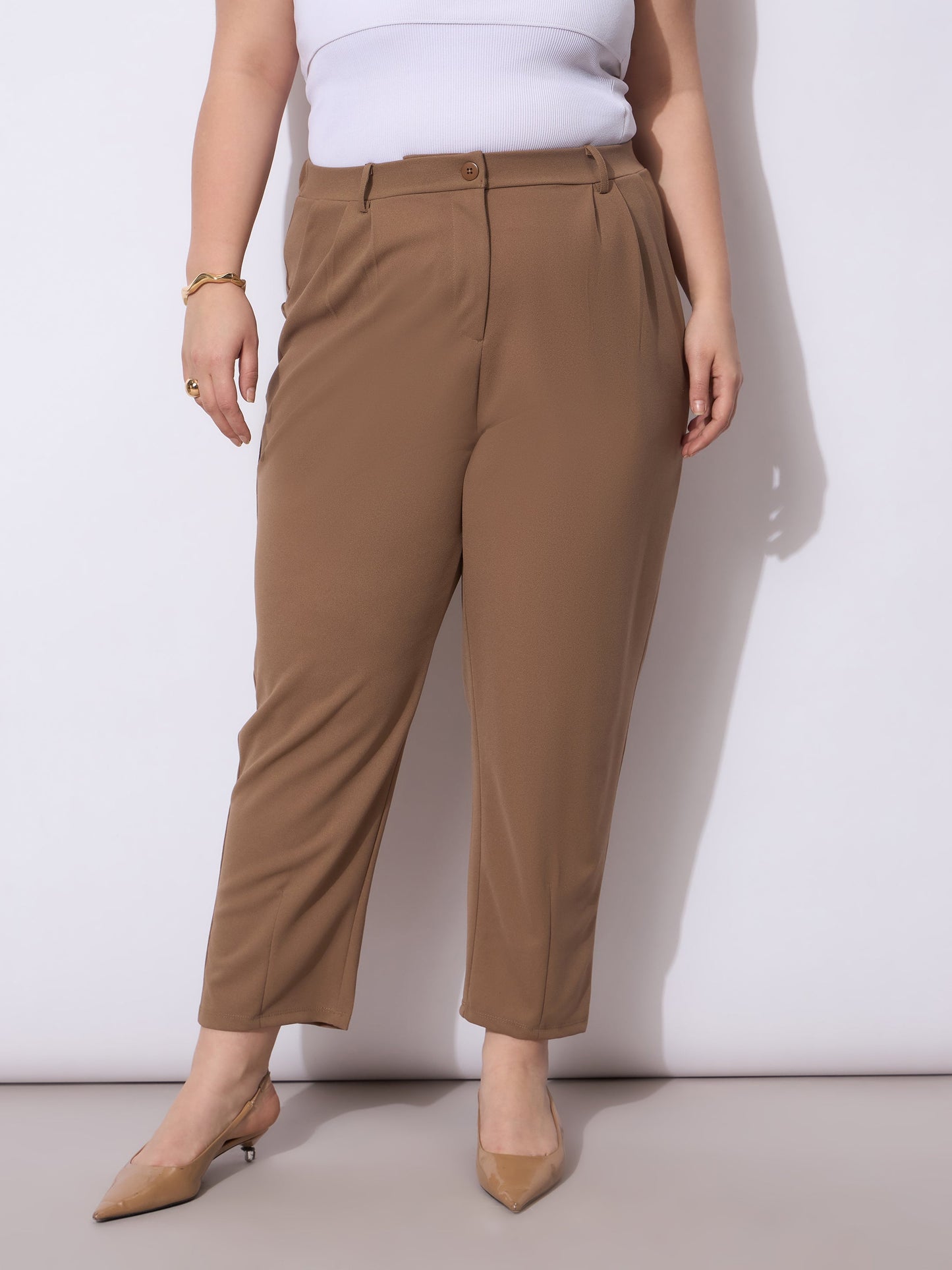 Beige Front Pleated Mom Fit Pants