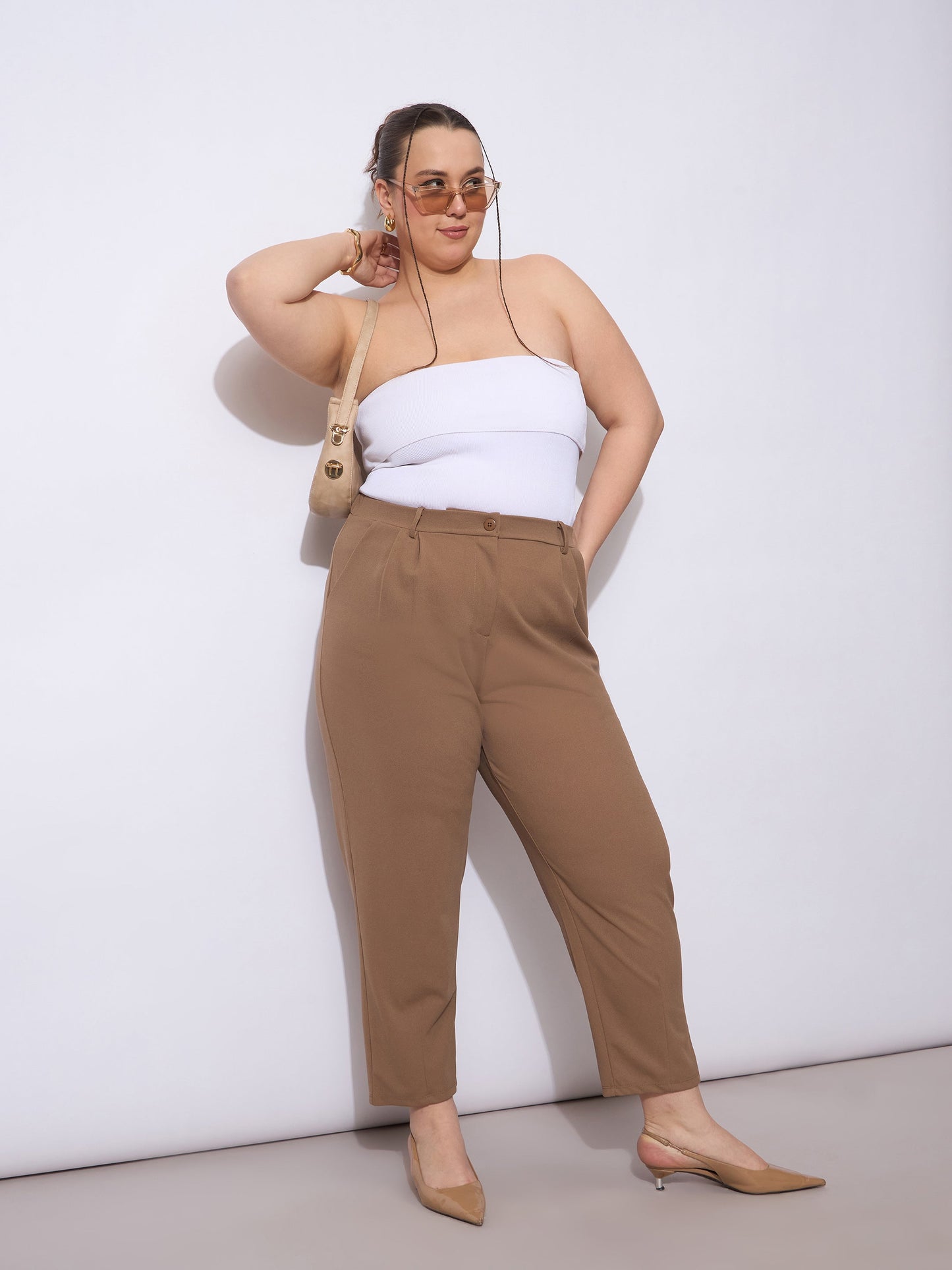 Beige Front Pleated Mom Fit Pants