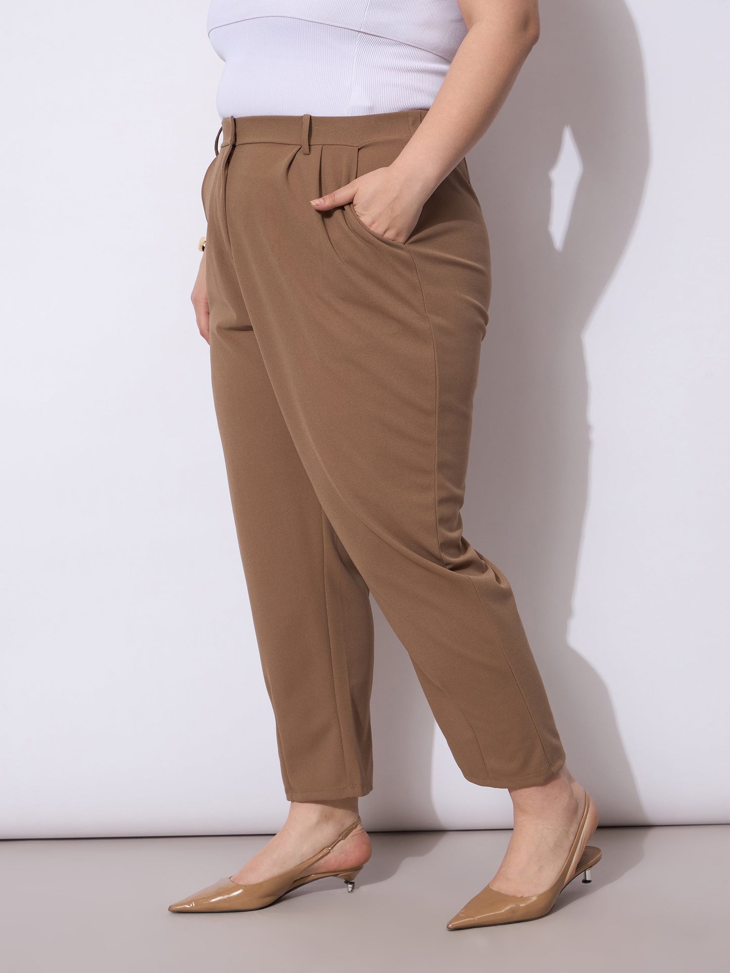 Beige Front Pleated Mom Fit Pants